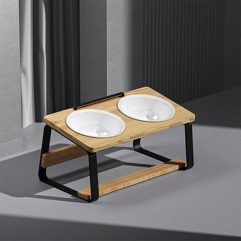 Ceramic Double Bowl Elevated Feeding Water Bowl Pet Dish