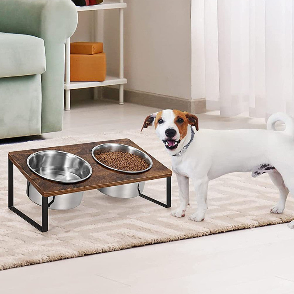 Log Style Iron Wood Pet Feeding Rack With Bowl Stand