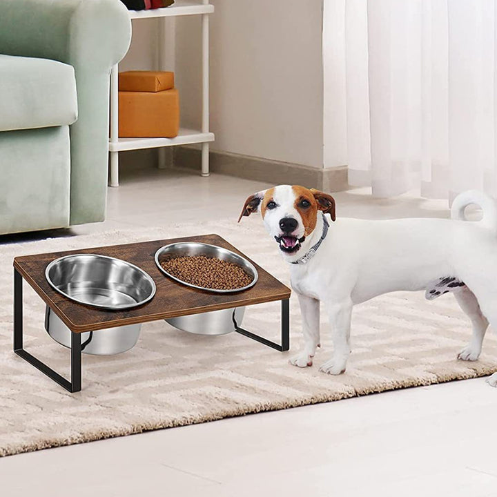 Log Style Iron Wood Pet Feeding Rack With Bowl Stand