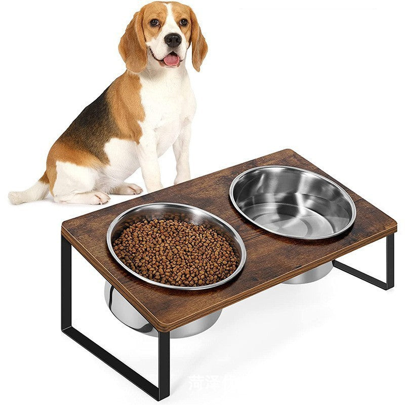 Log Style Iron Wood Pet Feeding Rack With Bowl Stand