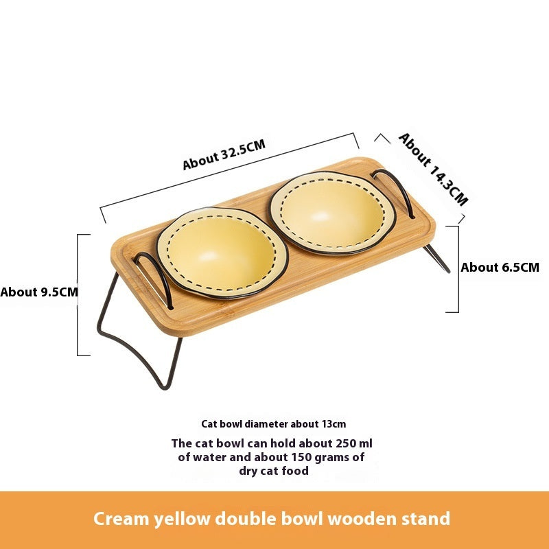 Wooden Pet Feeding Rack With Ceramic Bowl Anti Spill