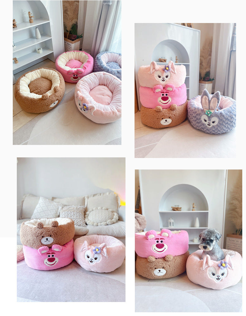 Cartoon Style Plush Pet Nest Cushion Round Bed For All Seasons