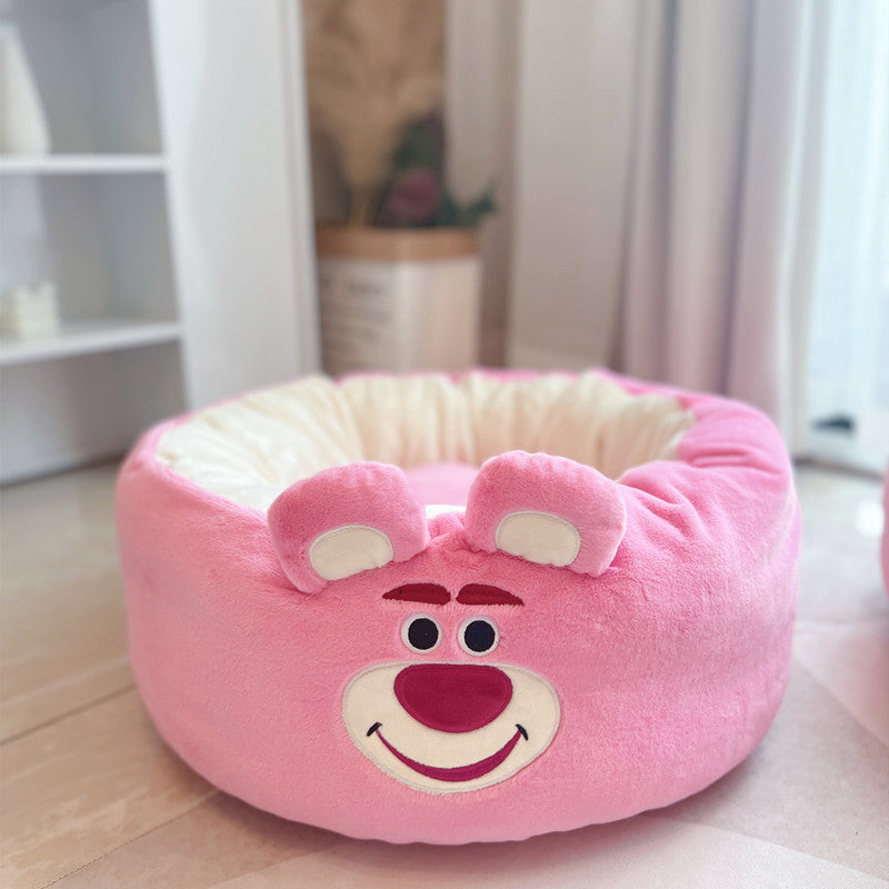 Cartoon Style Plush Pet Nest Cushion Round Bed For All Seasons