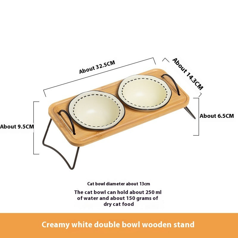 Wooden Pet Feeding Rack With Ceramic Bowl Anti Spill