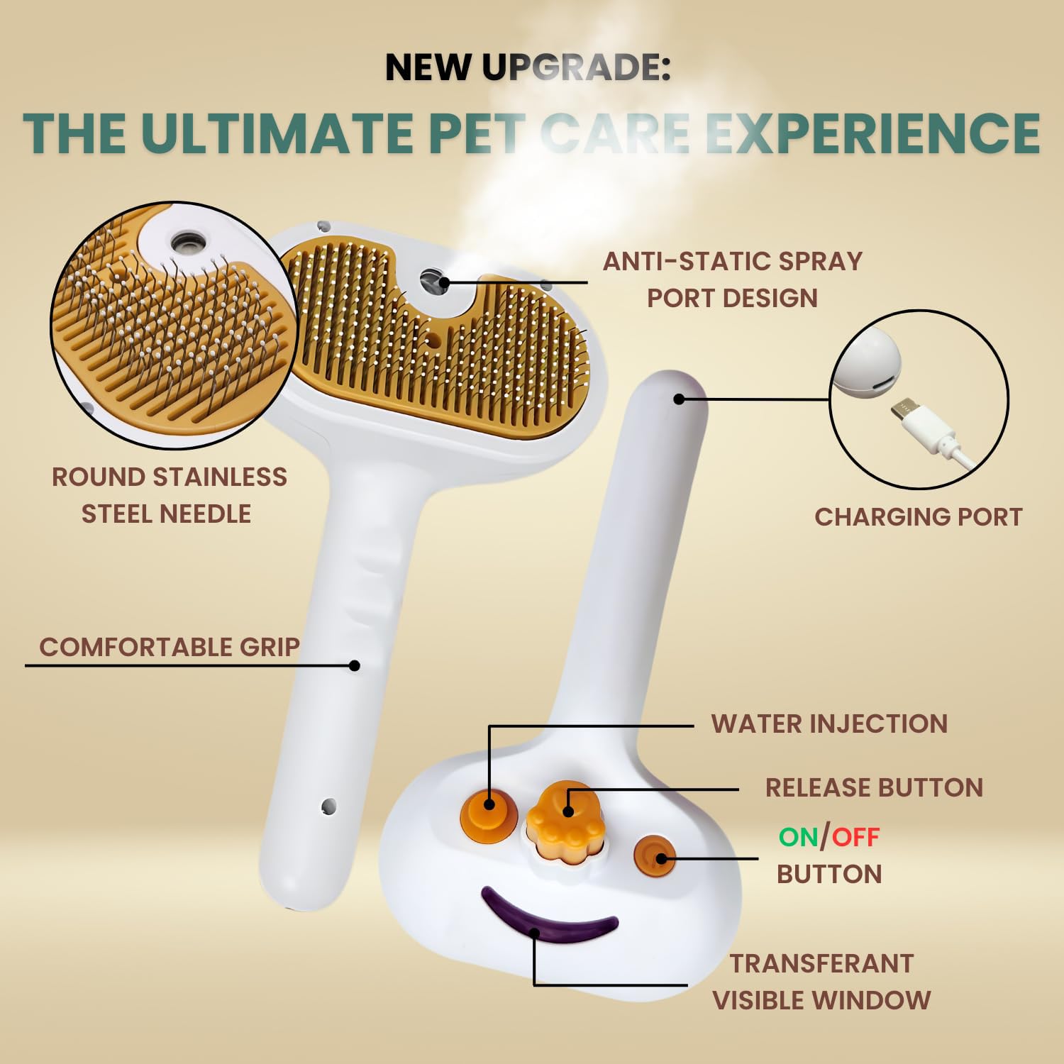 Pet Grooming Steam Brush With Spray For Shedding