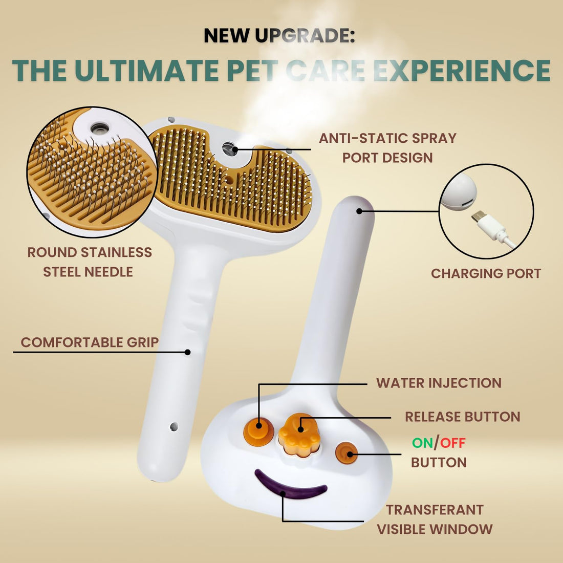Pet Grooming Steam Brush With Spray For Shedding