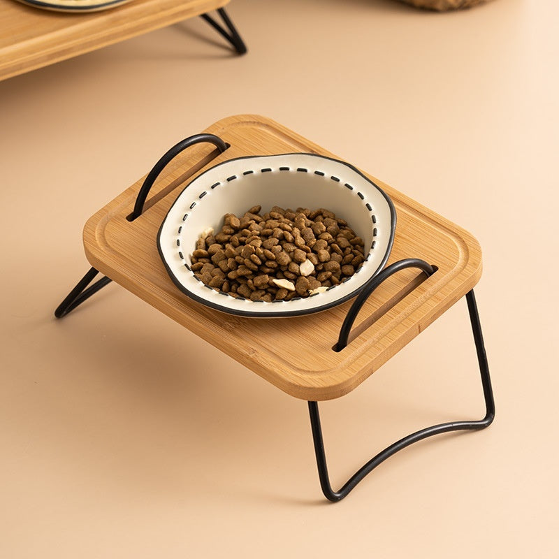 Wooden Pet Feeding Rack With Ceramic Bowl Anti Spill