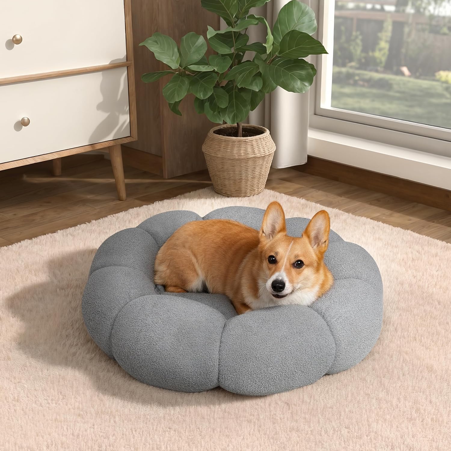 Fluffy Round Plush Pet Bed Calming Donut Style Non Slip Machine Washable