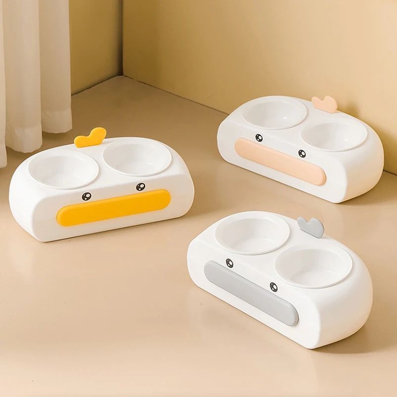 Duck Design Double Bowl Plastic Feeding Tray Pet Dish