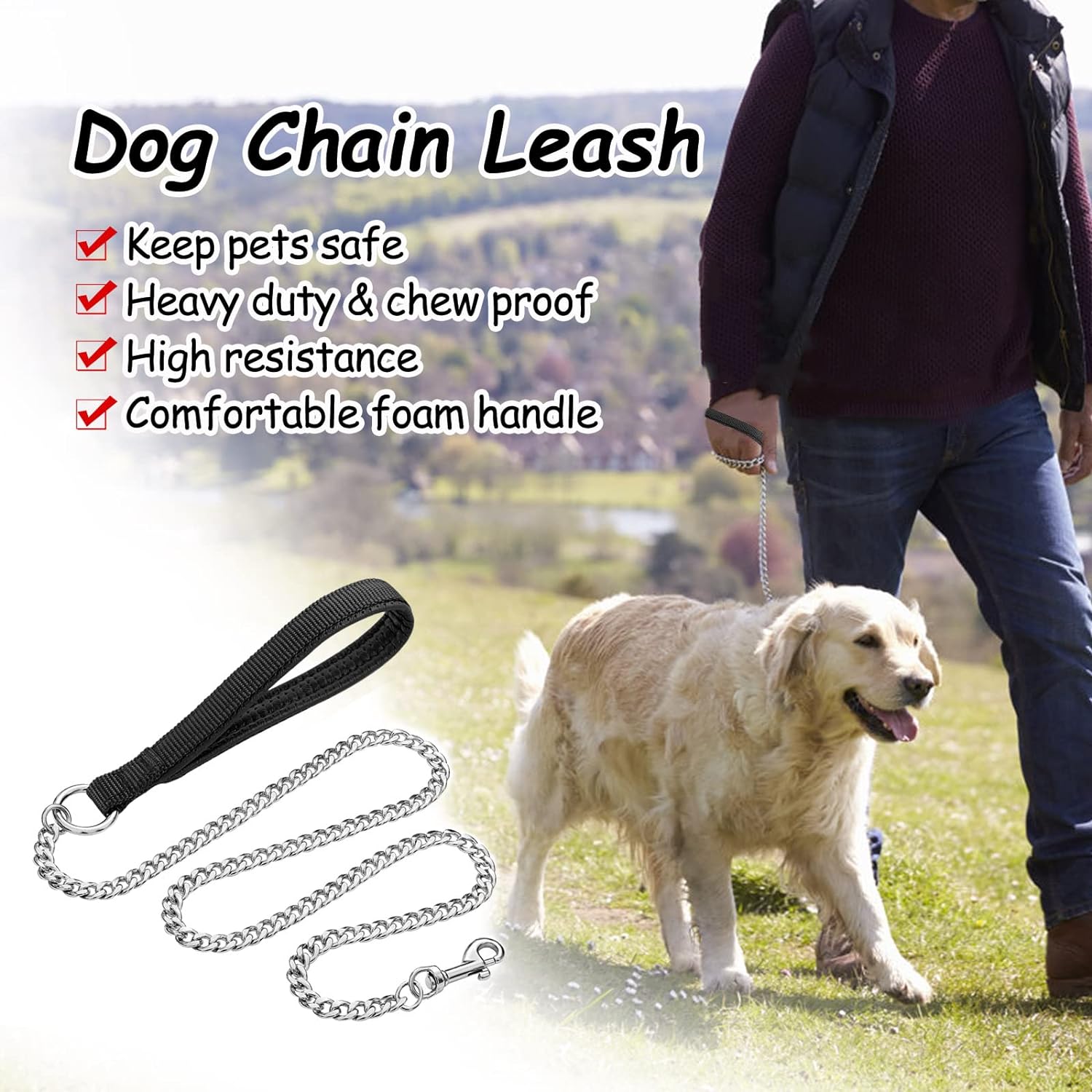 Heavy Duty Metal Chew Proof Chain Pet Leash Padded Handle