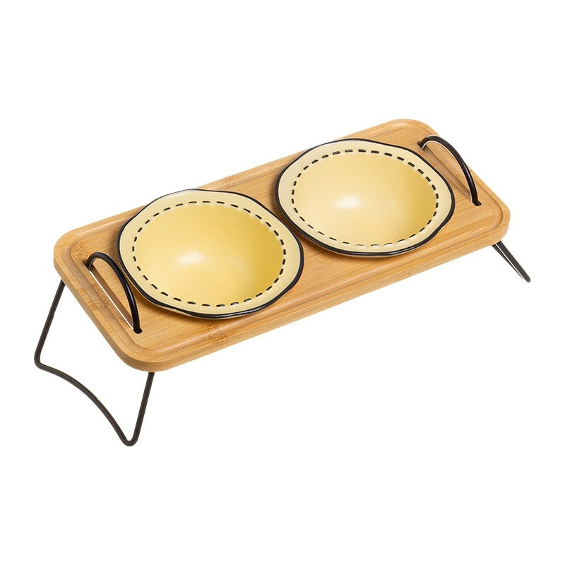 Wooden Pet Feeding Rack With Ceramic Bowl Anti Spill