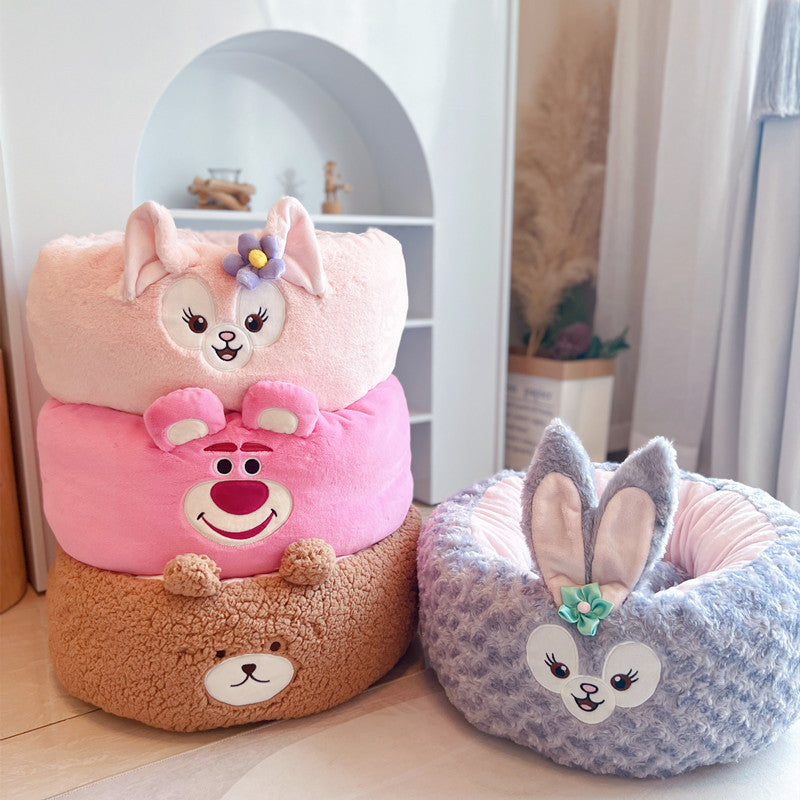 Cartoon Style Plush Pet Nest Cushion Round Bed For All Seasons