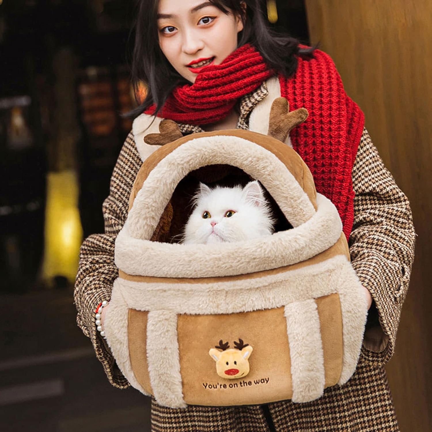 Plush Winter Pet Carrier Backpack Travel Bag With Hand Warmers