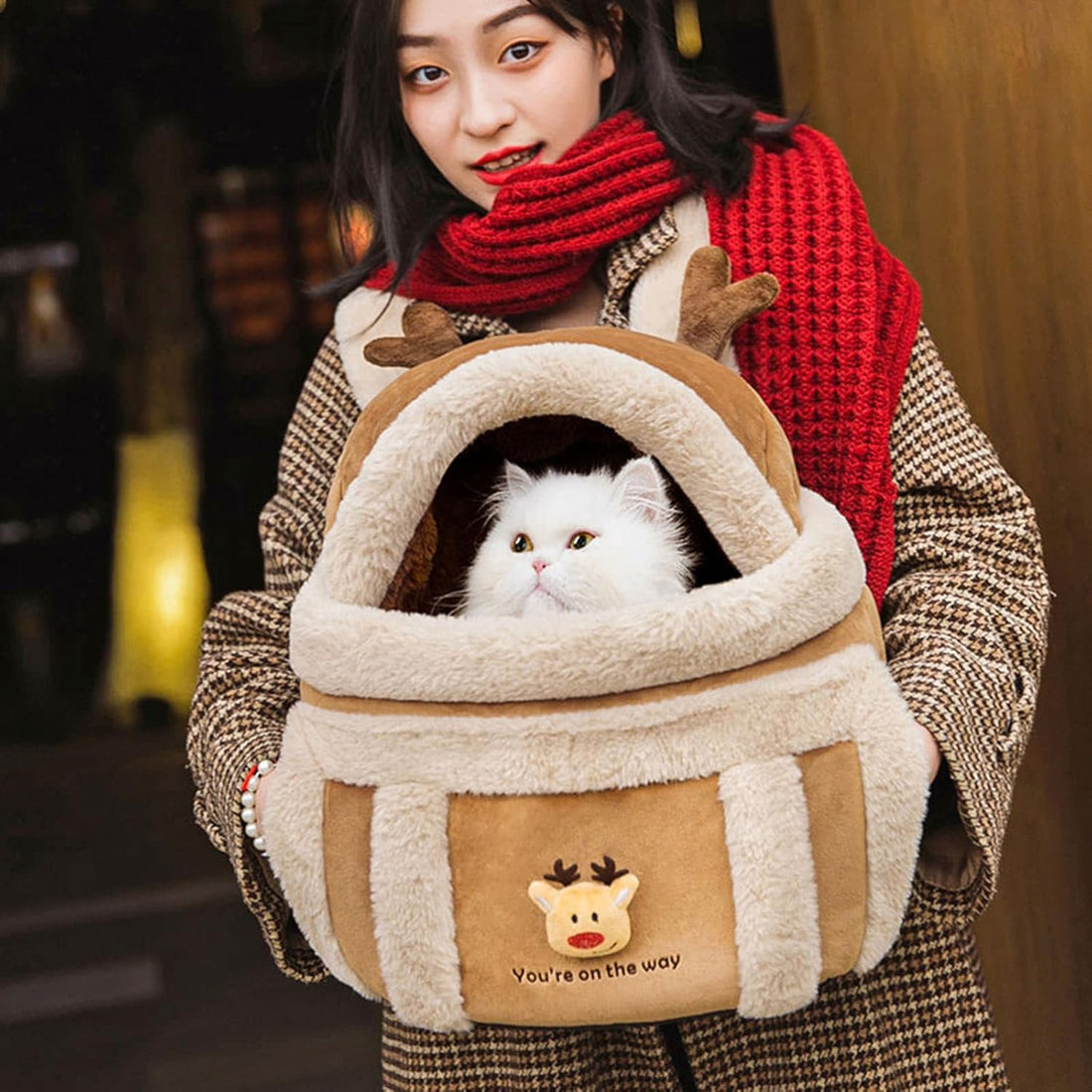 Plush Winter Pet Carrier Backpack Travel Bag With Hand Warmers
