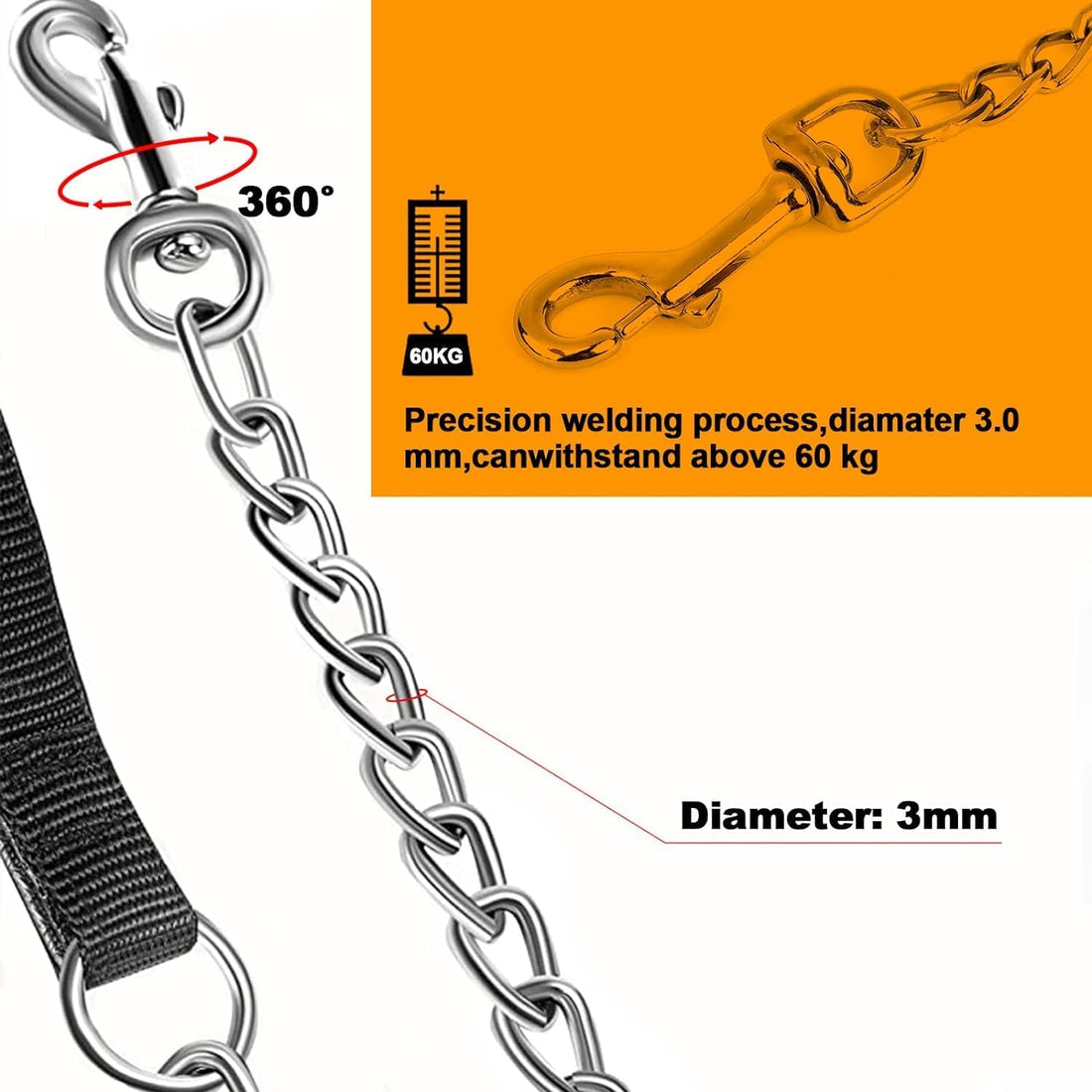 Heavy Duty Metal Chew Proof Chain Pet Leash Padded Handle