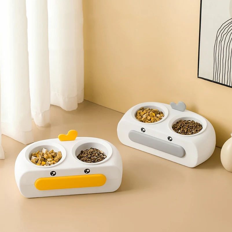 Duck Design Double Bowl Plastic Feeding Tray Pet Dish
