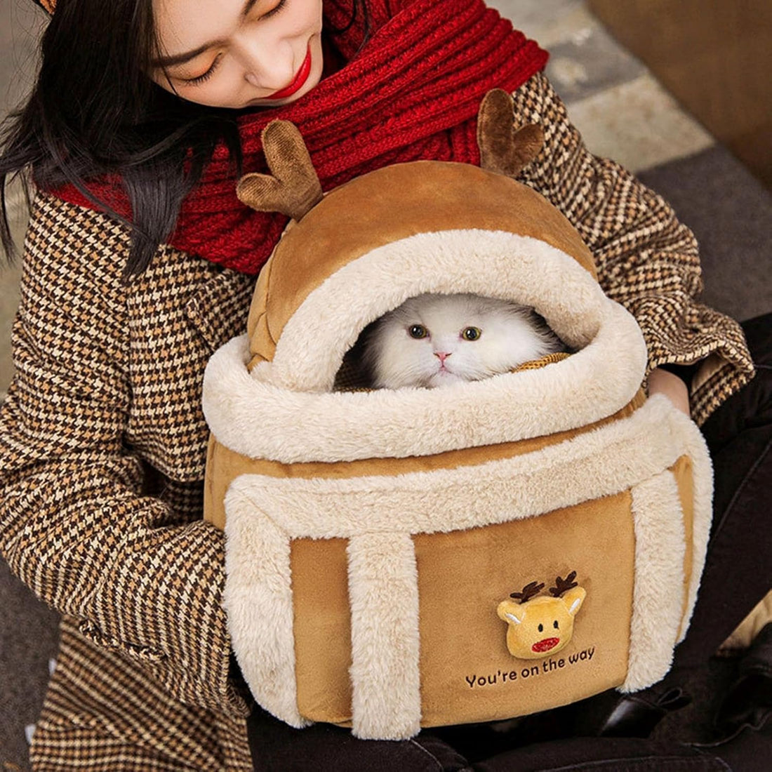 Plush Winter Pet Carrier Backpack Travel Bag With Hand Warmers