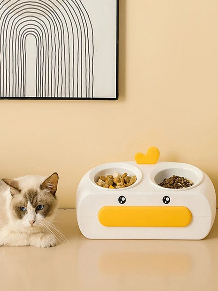 Duck Design Double Bowl Plastic Feeding Tray Pet Dish
