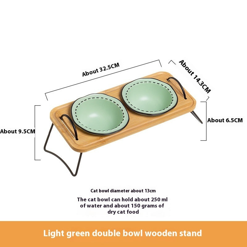 Wooden Pet Feeding Rack With Ceramic Bowl Anti Spill