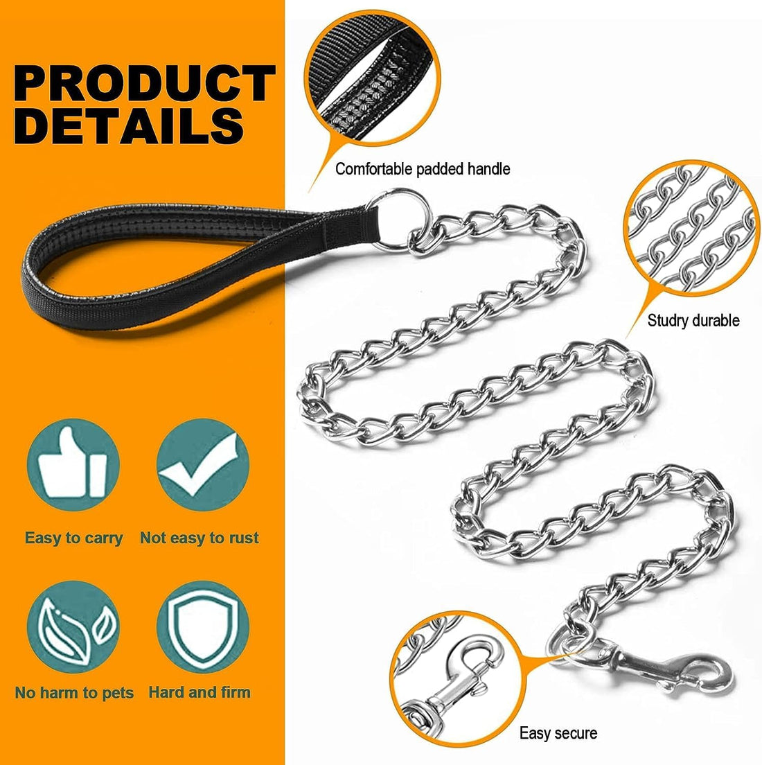 Heavy Duty Metal Chew Proof Chain Pet Leash Padded Handle