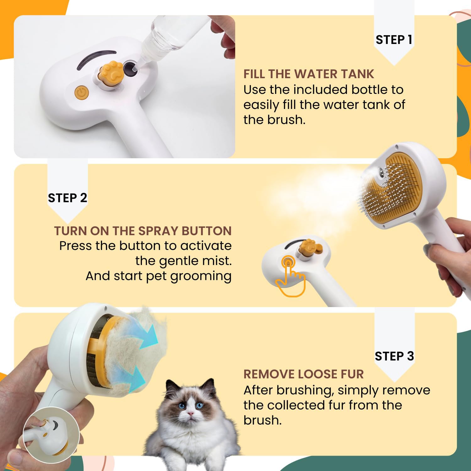 Pet Grooming Steam Brush With Spray For Shedding