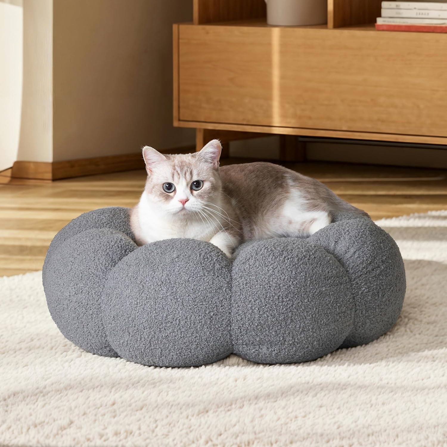Fluffy Round Plush Pet Bed Calming Donut Style Non Slip Machine Washable