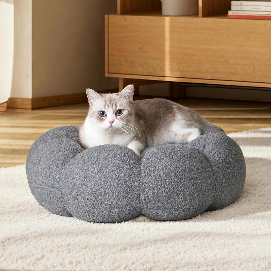 Fluffy Round Plush Pet Bed Calming Donut Style Non Slip Machine Washable